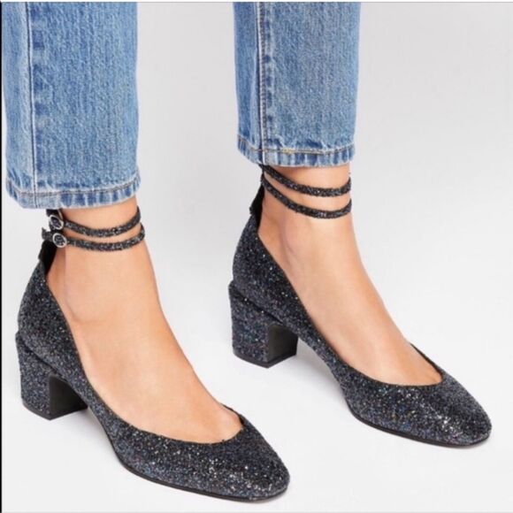 NWT Free People Lana Glitter Block 8 Heels Ankle Strap Blue Black Women's 38 7.5 - Picture 1 of 11